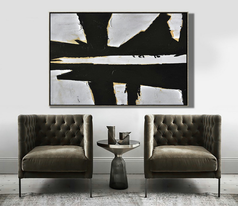 Large Canvas Art,Modern Art Abstract Painting,Horizontal Palette Knife Minimal Canvas Art Painting Black White Beige - Hand Paint Abstract Painting
